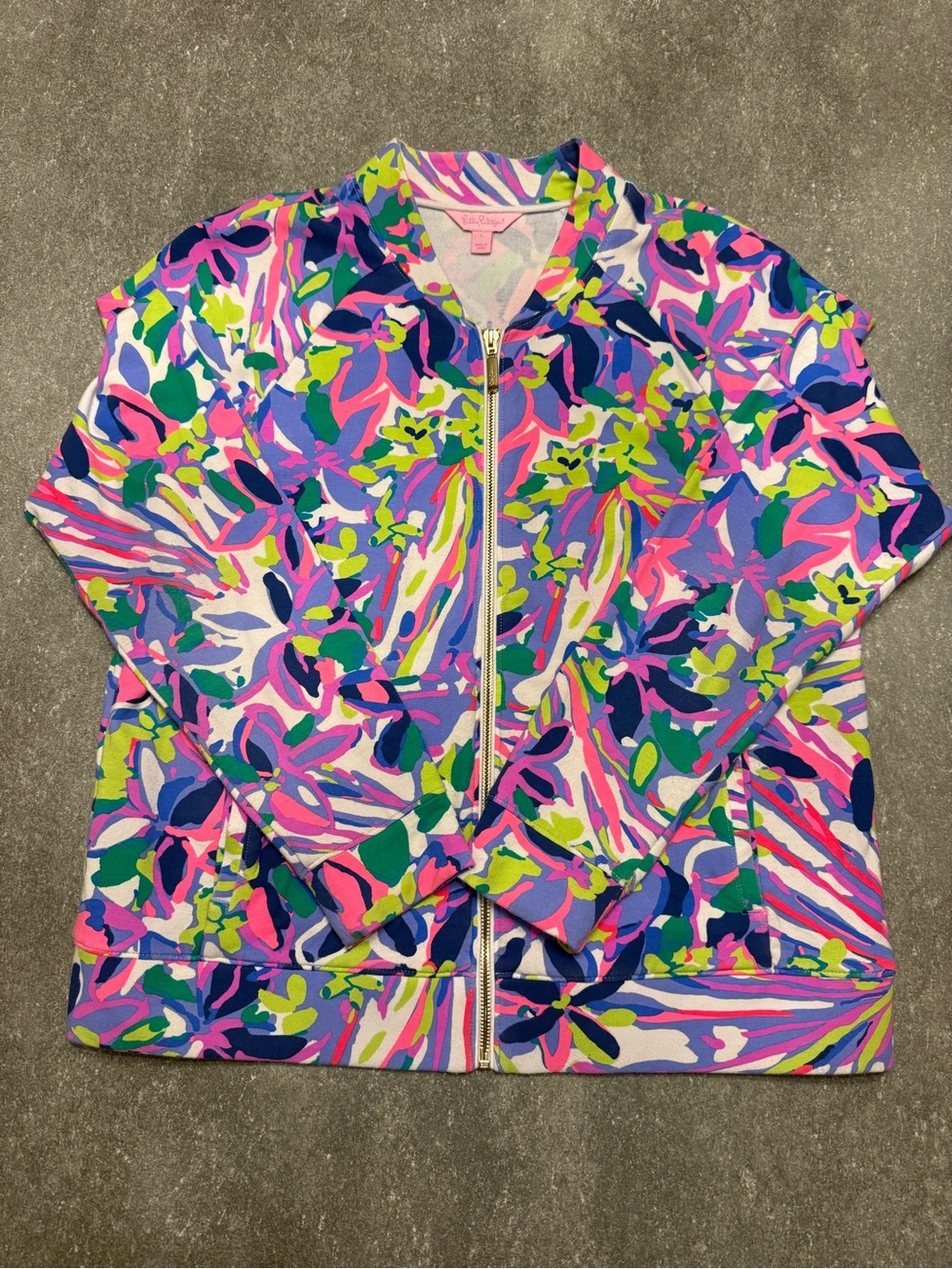 Lilly Pulitzer Joleen Bomber Zip Sweatshirt Jacket in Having a Blast print Sz L